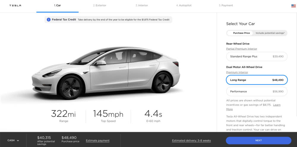 特斯拉長續航版Model 3增加15公里里程 漲價500美元