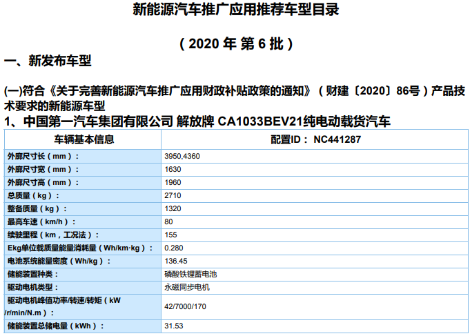 《新能源汽車推廣應用推薦車型目錄(2020年第6批)》 《新能源汽車推廣應用推薦車型目錄(2020年第6批)》