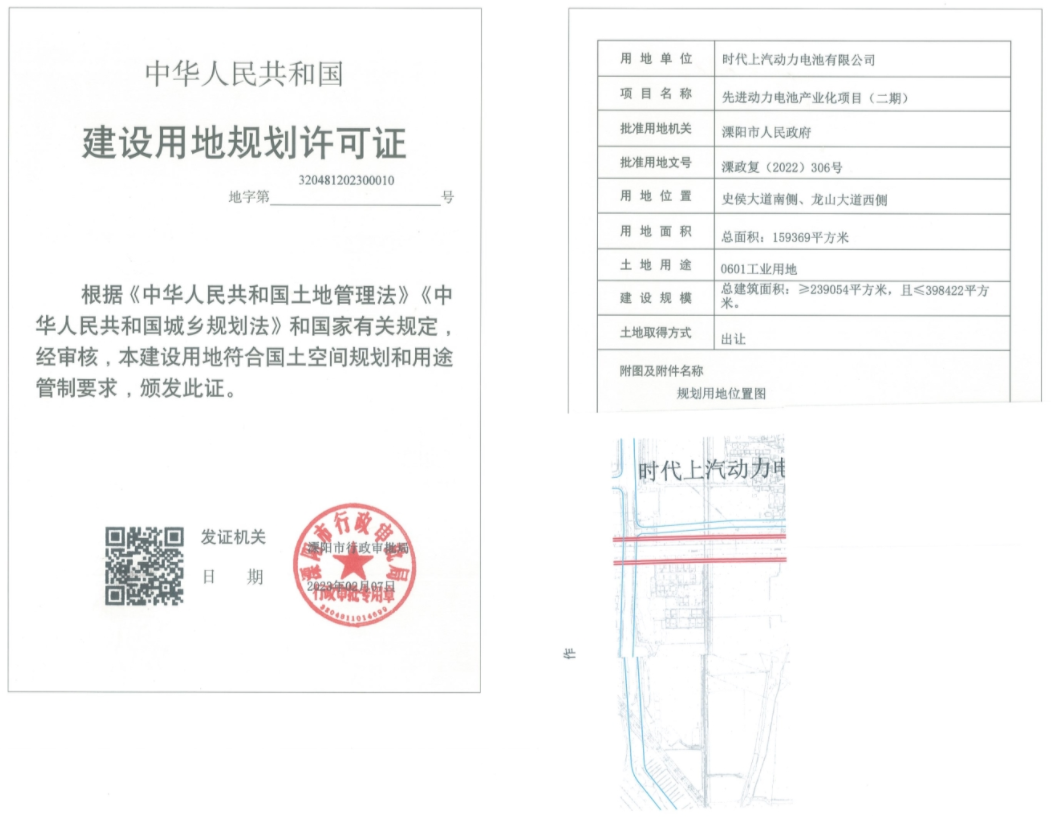 120億！時代上汽溧陽動力電池項目（二期）獲建設(shè)用地規(guī)劃許可 