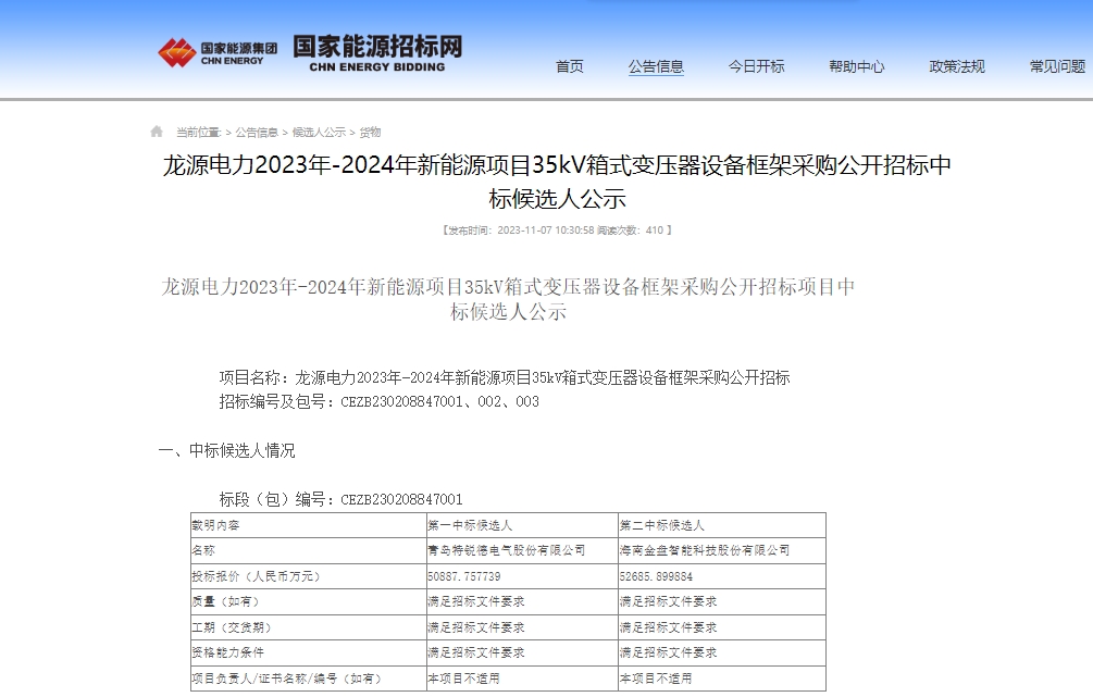 超5億！特銳德預(yù)中標(biāo)龍源電力新能源項目35kV箱式變壓器項目