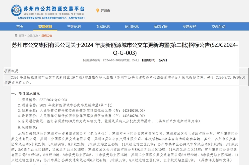 約4.43億元！這一城市派發495輛新能源公交車采購大單